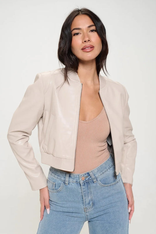 Coalition LA Zip Up Cropped Bomber Jacket Cream
