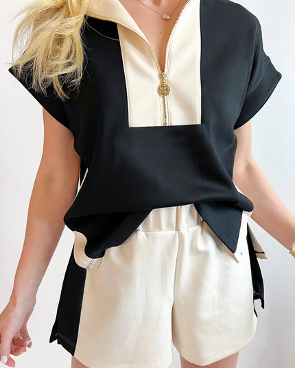 Color Block Half Zip Top and Shorts Two-Piece Set 