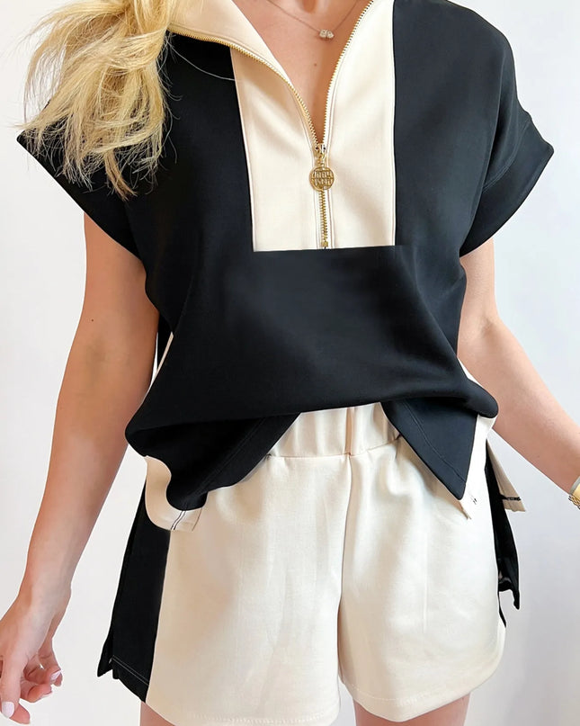 Color Block Half Zip Top and Shorts Two-Piece Set 