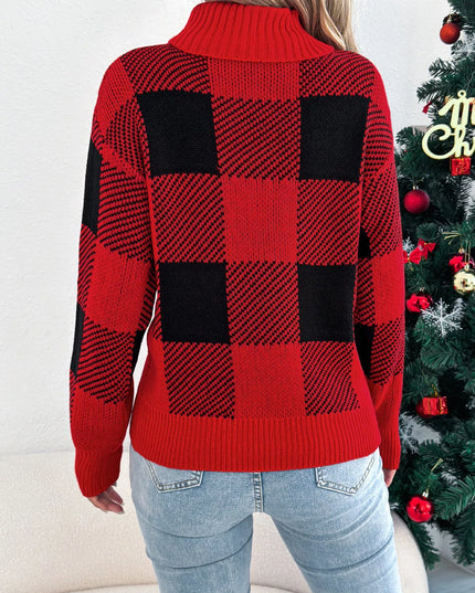 Christmas Plaid Long Sleeve Turtleneck Sweater