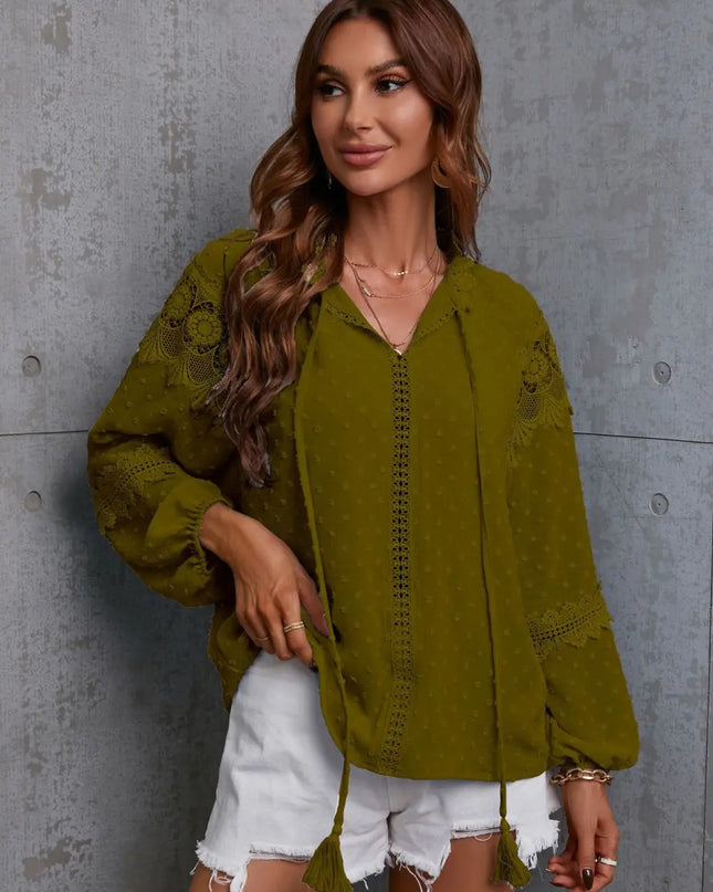 Crochet Tassel Tie Neck Long Sleeve Blouse Moss
