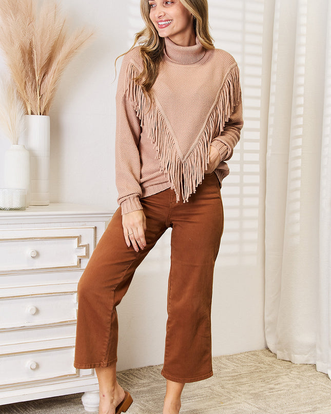 Woven Right Turtleneck Fringe Front Long Sleeve Sweater