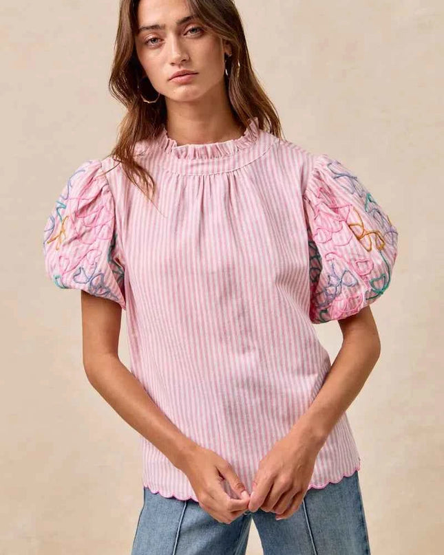 BiBi Embroidery Bubble Sleeve Top With Bottom Scallop Detail