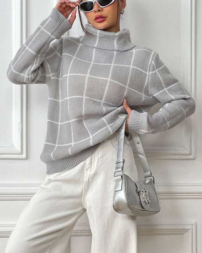 Plaid Turtleneck Long Sleeve Sweater