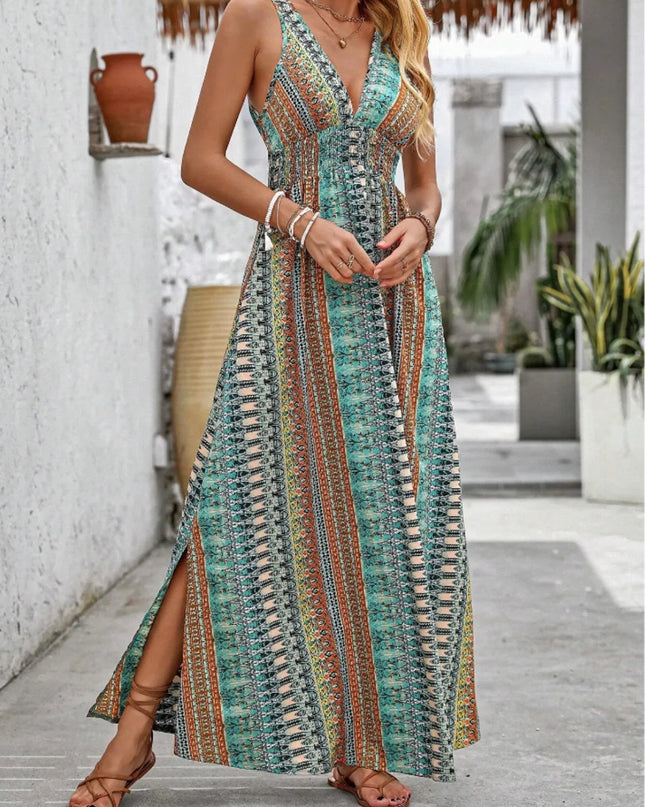 Tied Back Printed Sleeveless Maxi Slit Dress 