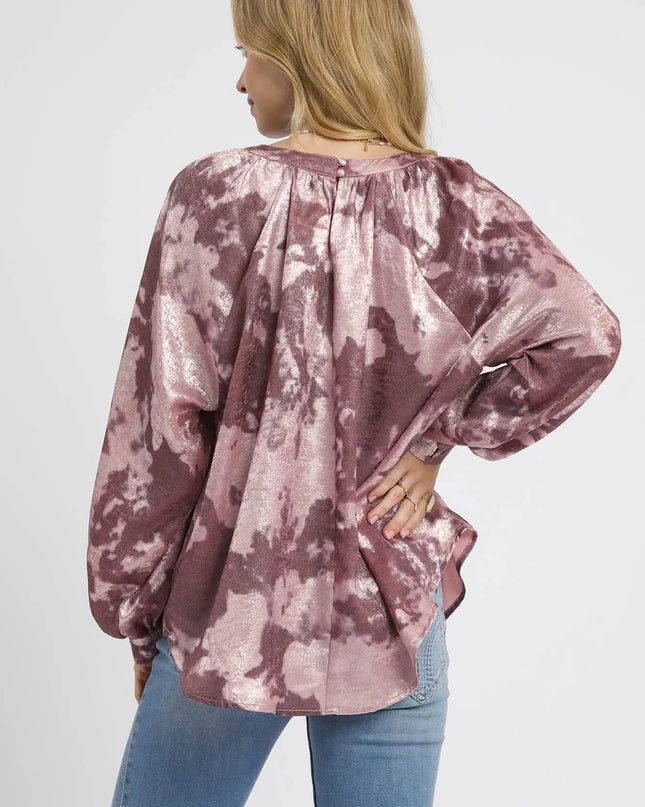 Umgee Metallic Fabric Blouse with Balloon Sleeves