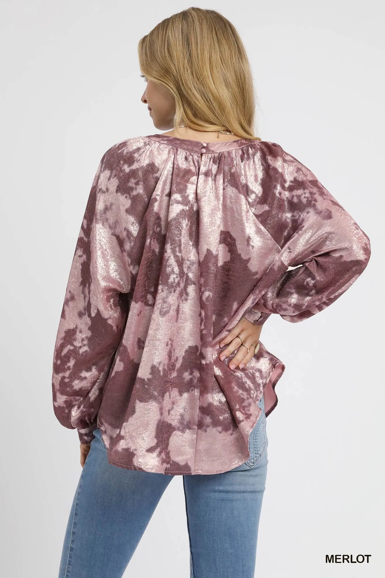 Umgee Metallic Fabric Blouse with Balloon Sleeves