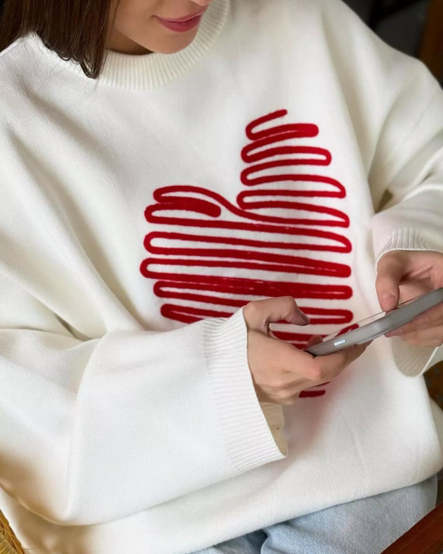 Heart Round Neck Oversized Sweater