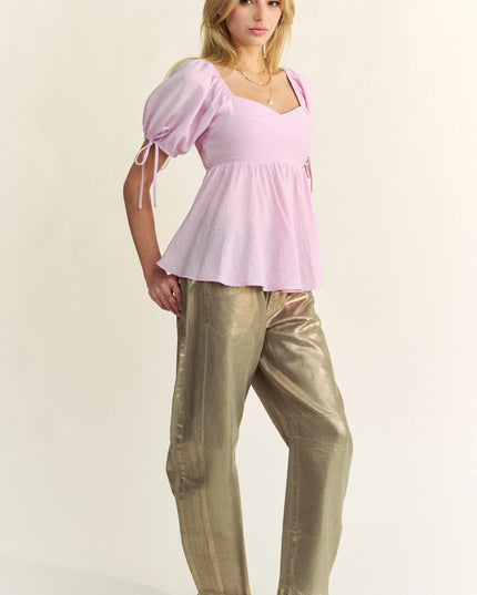 Davi & Dani Solid Elastic Peplum Puffed Sleeves Blouse