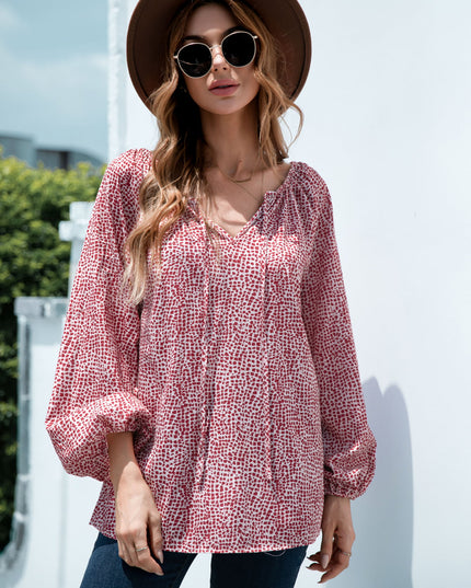 Printed Tie-Neck Balloon Sleeve Blouse