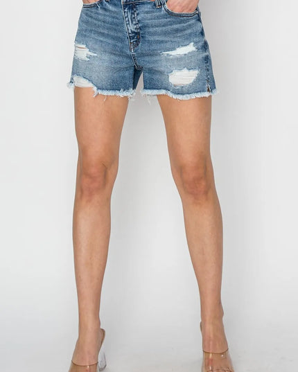 RISEN Stepped Waist Frayed Denim Shorts 