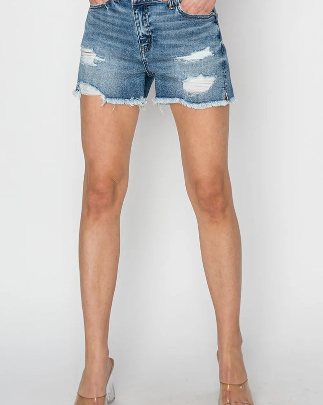 RISEN Stepped Waist Frayed Denim Shorts 