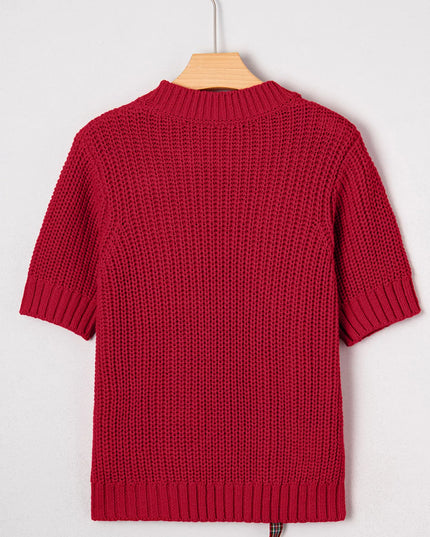 Plaid Lace Up Detail Christmas Holiday Puff Short Sleeve Sweater