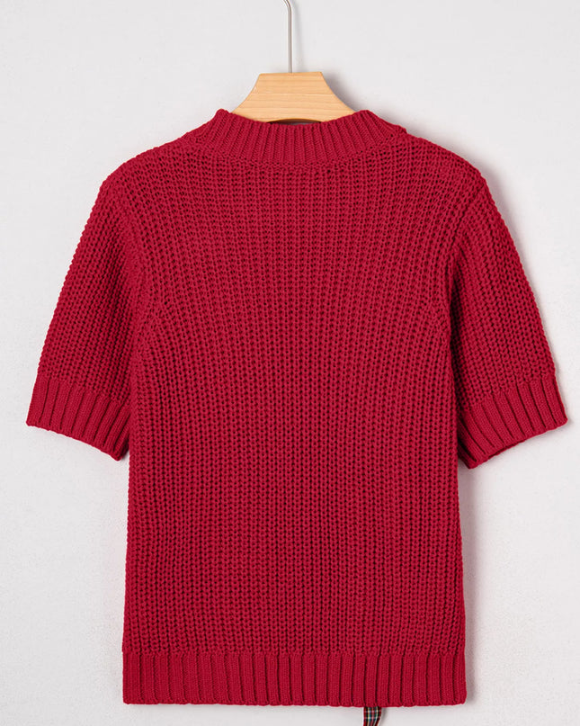 Plaid Lace Up Detail Christmas Holiday Puff Short Sleeve Sweater
