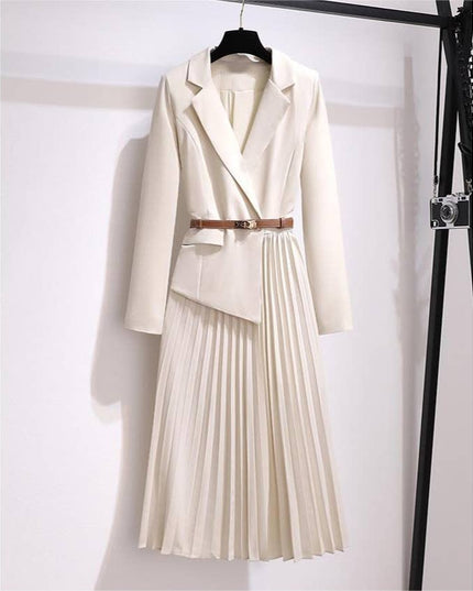 DR056Y Women Blazer Pleated Dress with Genius Leatther Belt Apricot