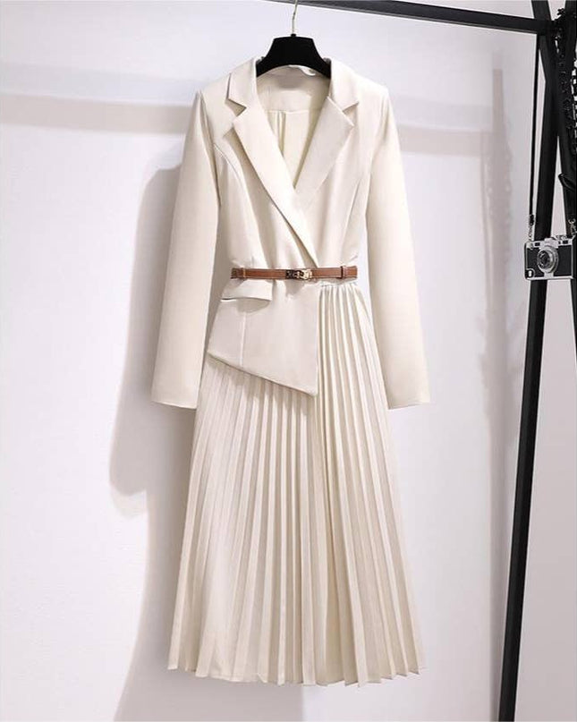 DR056Y Women Blazer Pleated Dress with Genius Leatther Belt Apricot