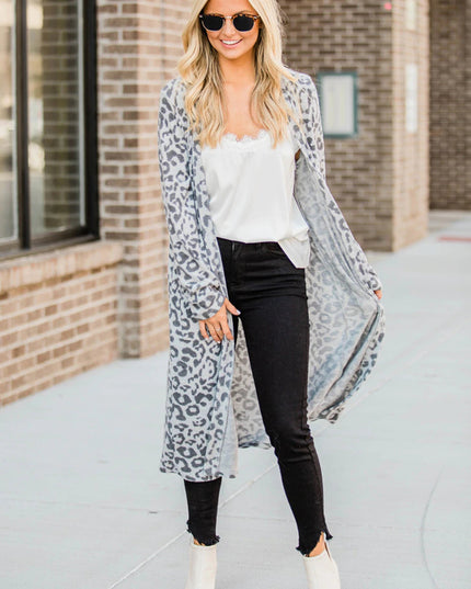 Open Front Leopard Cardigan Cloudy Blue