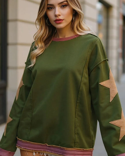Double Take Star Patched Long Sleeve Sweatshirt Moss