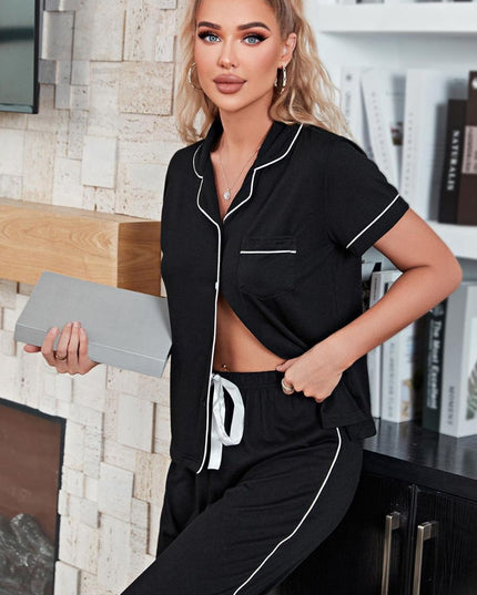 Contrast Piping Short Sleeve Top and Pants Pajama Set