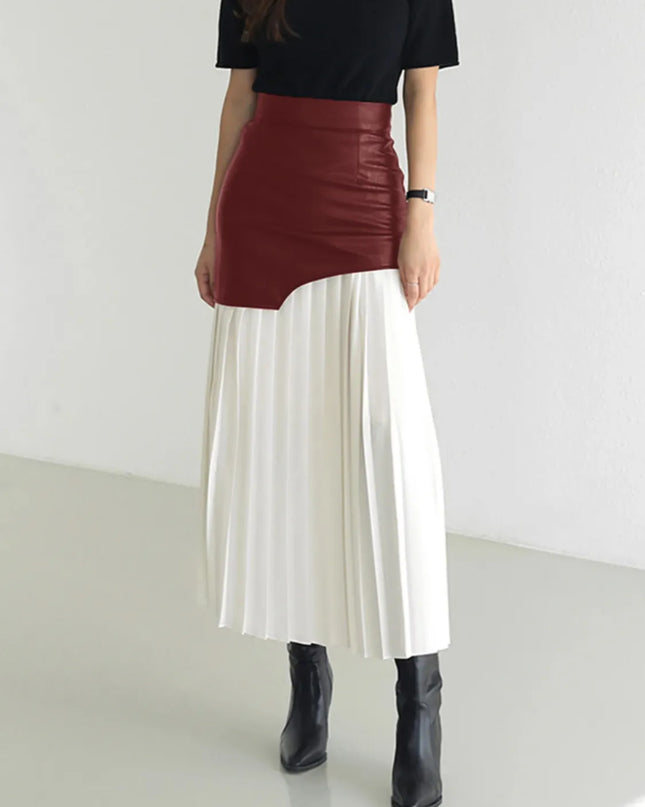Patchwork Contrast Pleated Skirt Burgundy