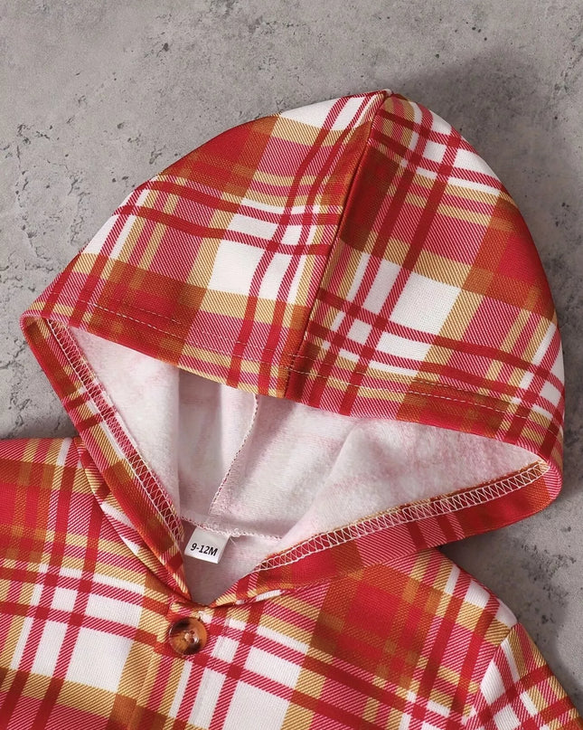 Children's Plaid Button Up Hooded Top & Pants Set