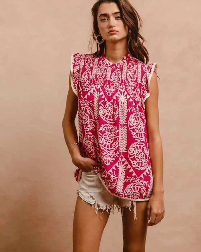 BiBi Printed Ruffle Sleeve Top