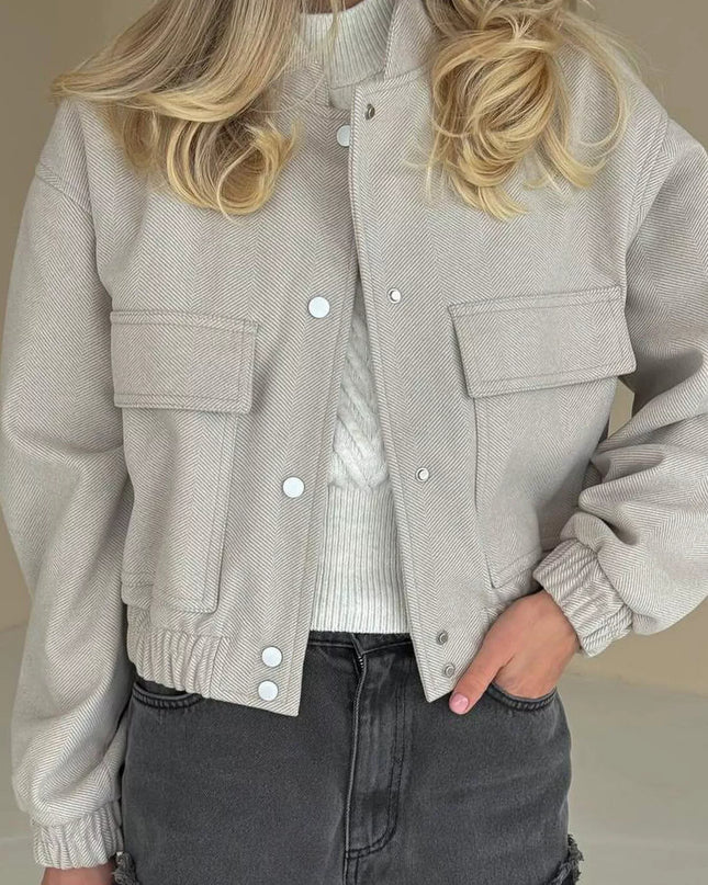 Casual Cropped Snap-Down Jacket Light Gray