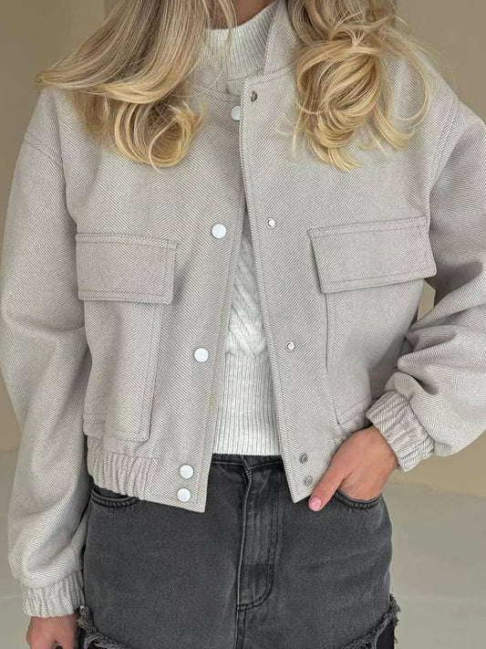 Casual Cropped Snap-Down Jacket Light Gray