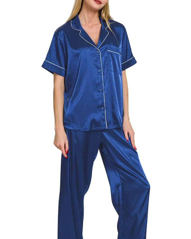 Zenana Satin Short Sleeve Top and Pants Pajama Set