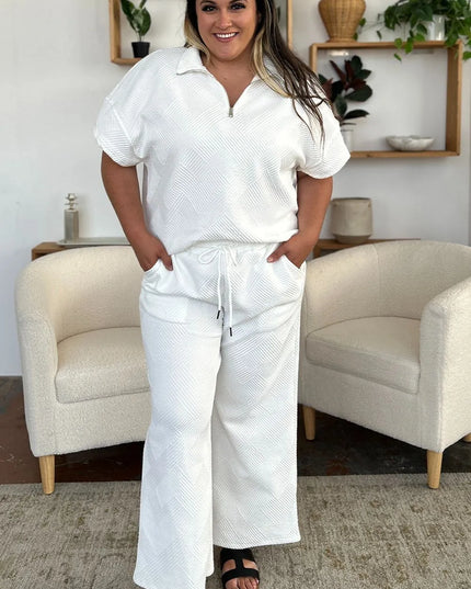 Double Take Full Size Texture Half Zip Short Sleeve Top and Pants Set