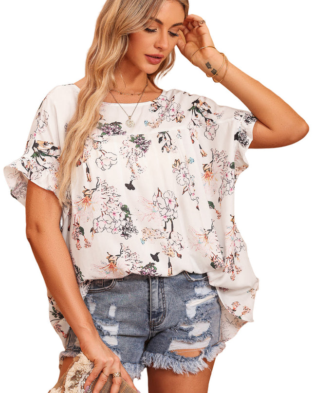 Floral Boat Neck Flounce Sleeve Blouse 