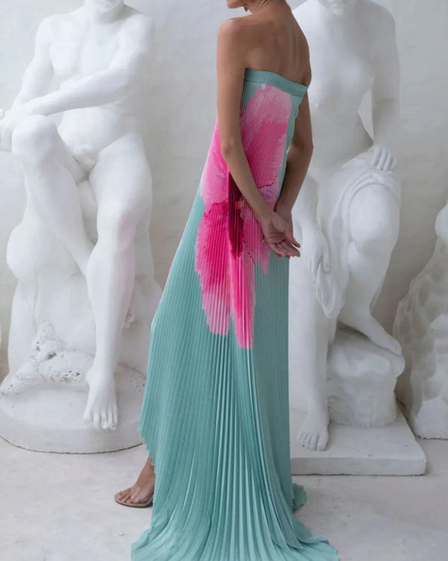 Pleated Printed Tube Floor Length Dress