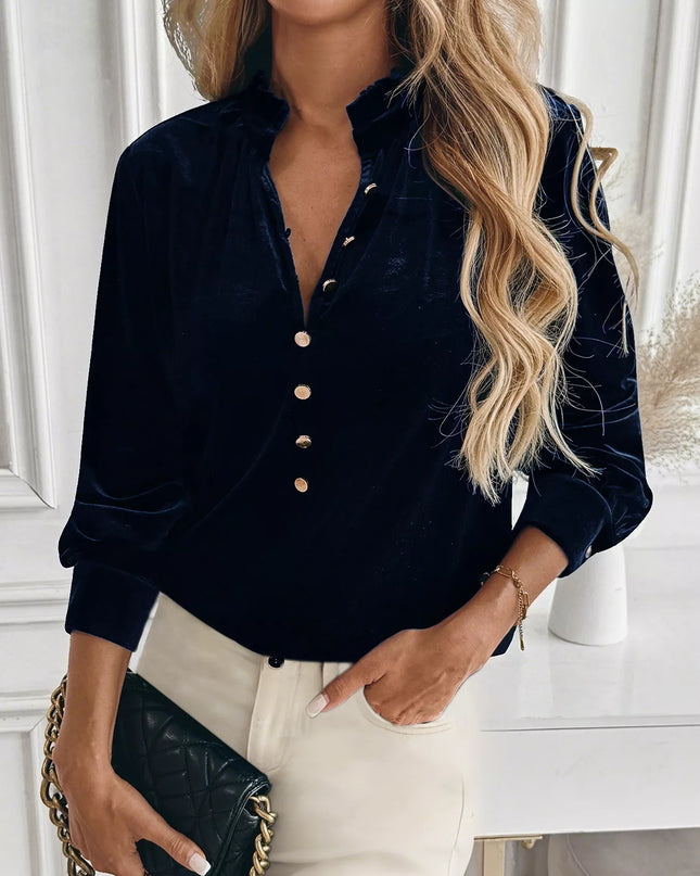 Velvet Button Front Long Sleeve Blouse