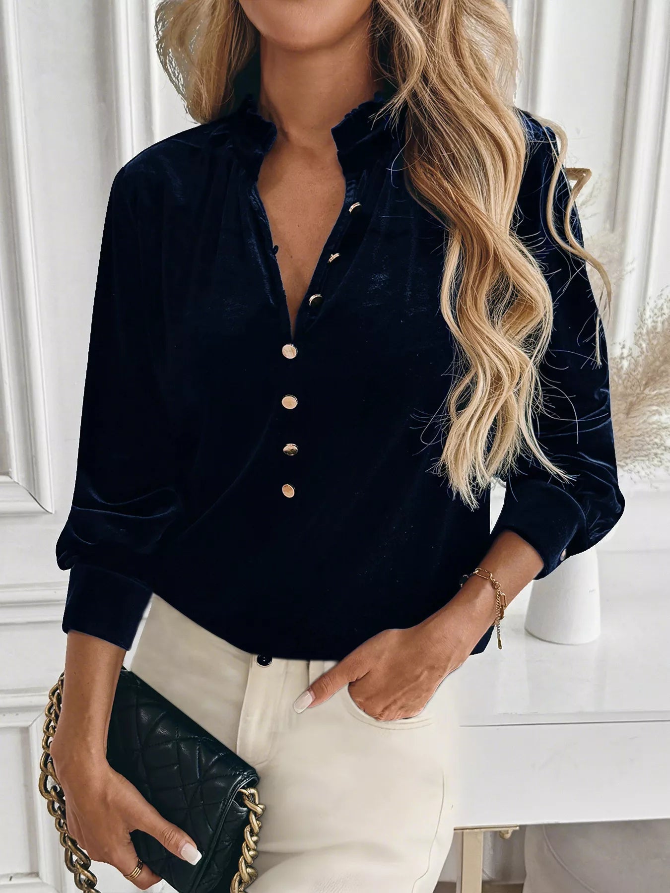 Velvet Button Front Long Sleeve Blouse