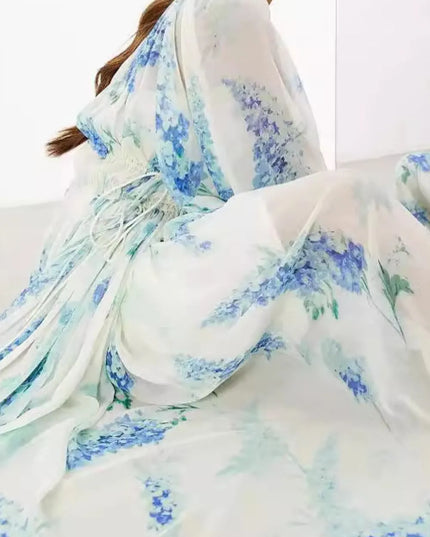 Floral Print Bohemian Maxi Dress with Balloon Sleeves 