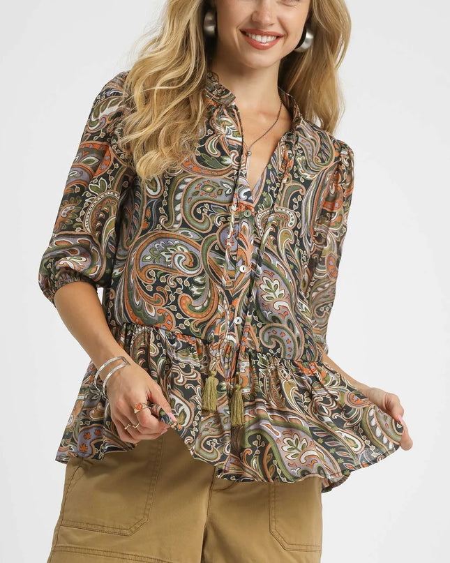 Umgee Paisley Print Peplum Blouse GREEN ORANGE