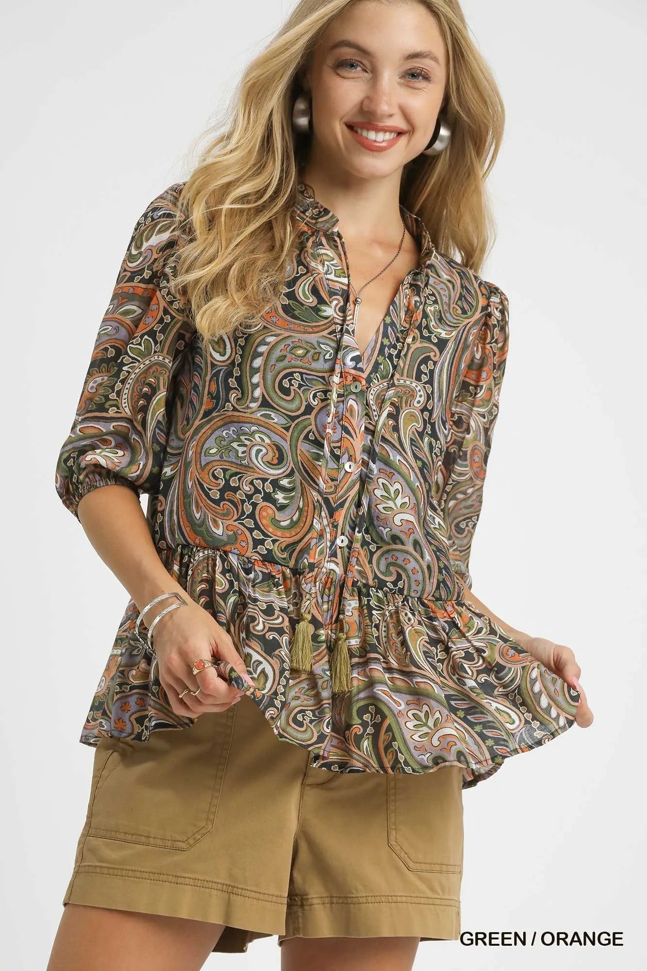 Umgee Paisley Print Peplum Blouse GREEN ORANGE
