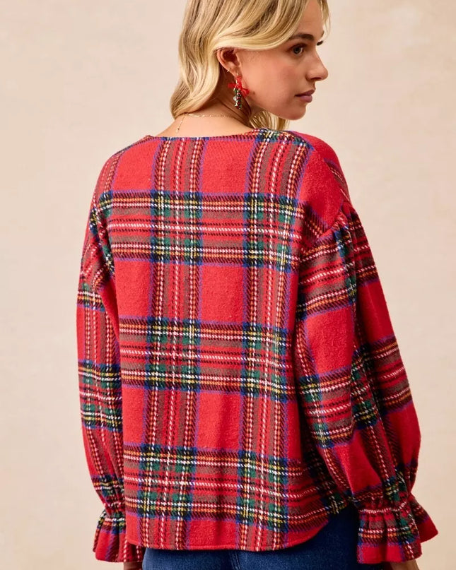 BiBi Christmas Plaid V-Neck Flounce Sleeve Jacket