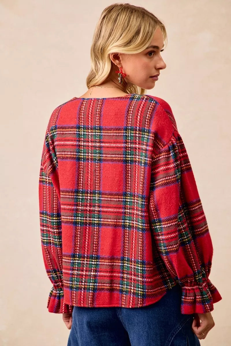 BiBi Christmas Plaid V-Neck Flounce Sleeve Jacket