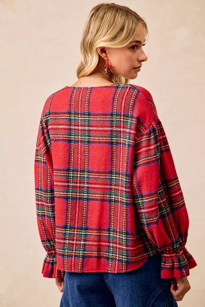 BiBi Christmas Plaid V-Neck Flounce Sleeve Jacket