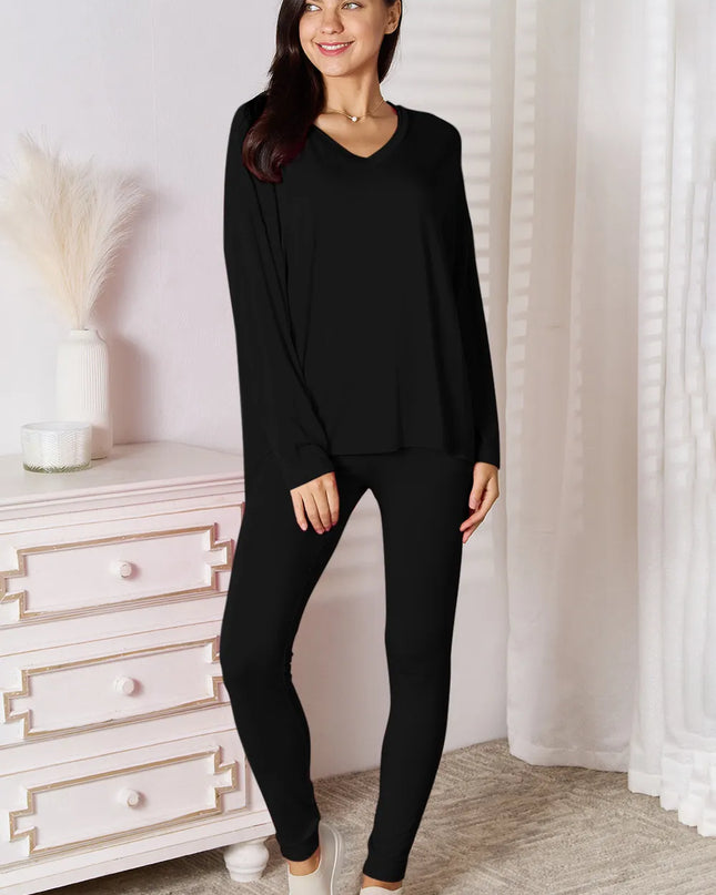 Basic Bae Bamboo Full Size V-Neck Long Sleeve Top and Pants Lounge Set Black