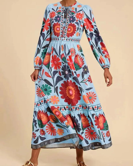 Floral Tie Waist Long Sleeve Dress Color 4