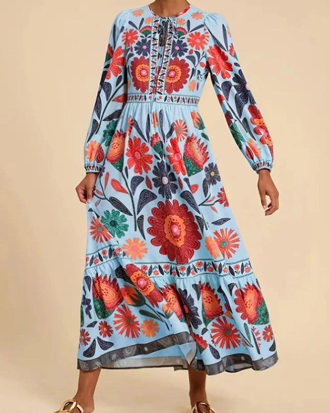 Floral Tie Waist Long Sleeve Dress Color 4