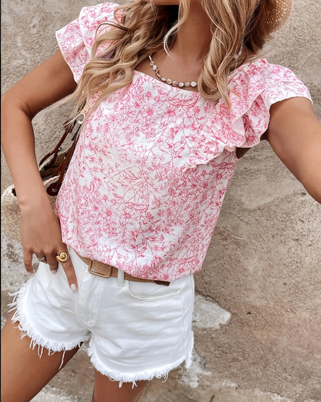 Bow Back Floral Print Ruffle Sleeve Blouse