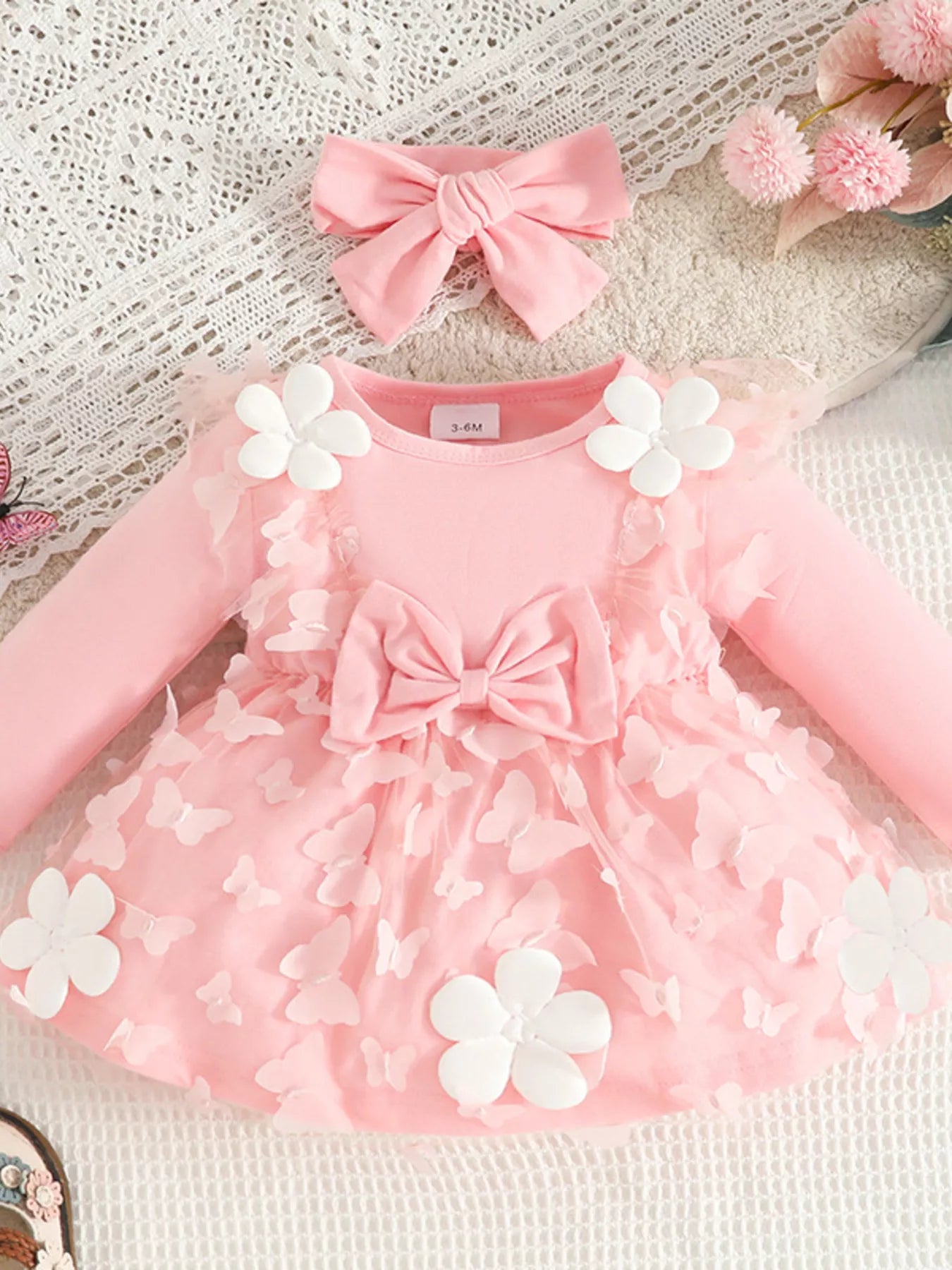 Children's Butterfly Decor Flower Applique Dress with Headband Pink