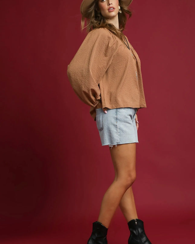 Umgee Textured Notched Blouse with Balloon Sleeves