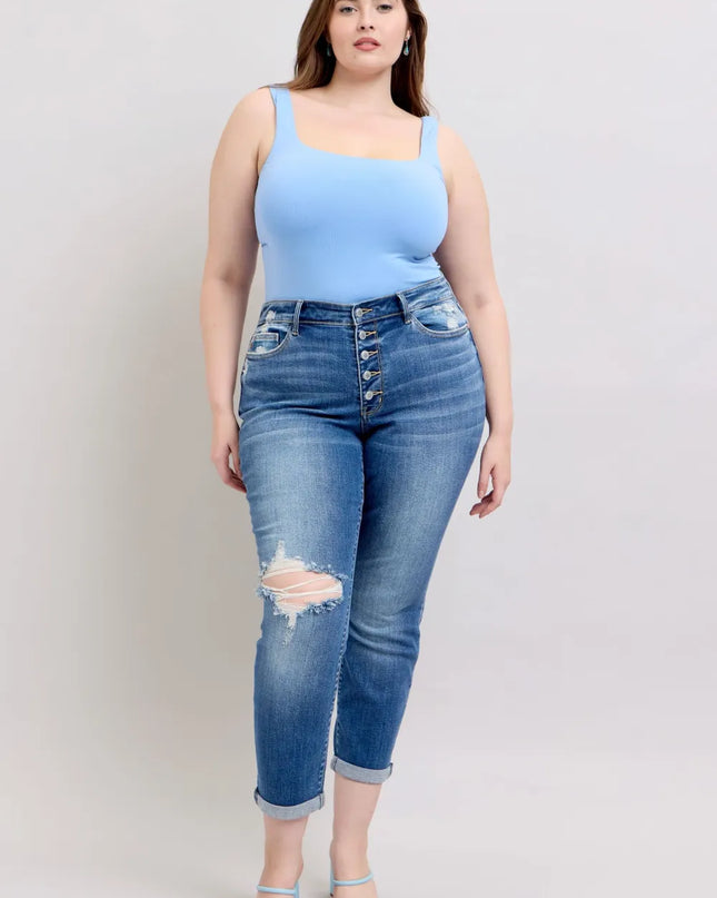 Judy Blue Full Size Button Fly Distressed Jeans with Pockets Plus Size