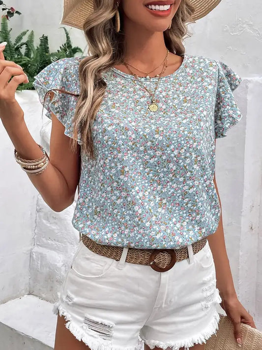 Ditsy Floral Round Neck Cap Sleeve Top Light Blue