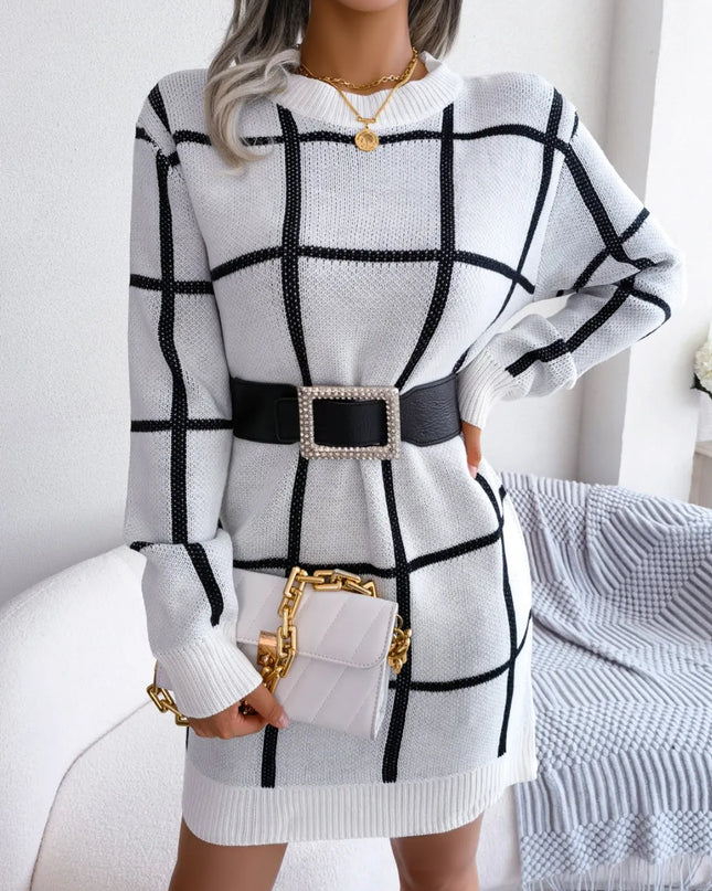 Plaid Round Neck Dropped Shoulder Sweater Dress White