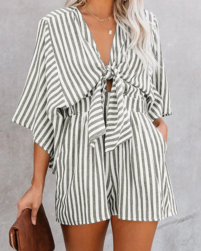 Bow Striped Kimono Sleeve Romper